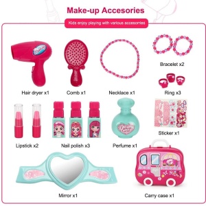 Set de joaca pentru fete, valiza oglida, bijuterii, feohn si accesorii