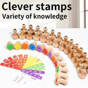 Set educativ cu 45 stampile din lemn si carduri - Alfabet, forme si cifre