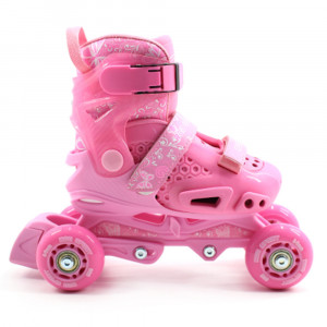 Set role reglabile copii si echipament protectie, roti silicon, marime ajustabila 29-33, Roz