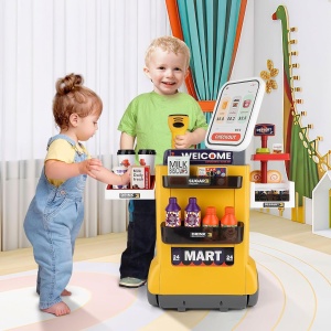 Set supermarkert electronic de jucarie mobil cu roti, sunete si functii, 48 piese, portocaliu - Img 6