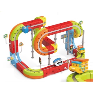 Set tren cu circuit magnetic 3D, traseu modular de construit - 98 piese