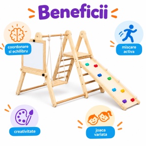 Set triunghi Pikler din lemn 8 in 1, loc de joaca cu tobogan, leagan si activitati creative, 2–8 ani - Img 6