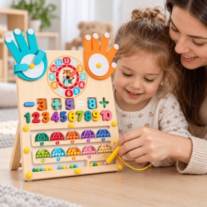 Tablita multifunctionala Montessori din lemn, cu numarare pe degete, labirint magnetic si ceas educativ, 3 ani+ - Img 3