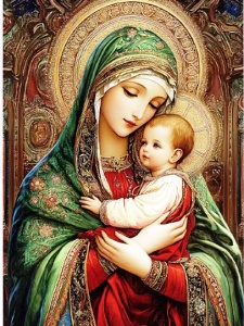 Tablou pictura cu diamante, Fecioara Maria cu Iisus, Goblen 5D, rama din lemn, 40 x 50 cm, GM10013