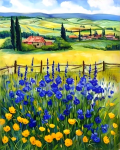Tablou pictura pe numere, Camp cu flori in Toscana, rama din lemn, 40 x 50 cm, PM10059