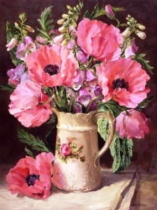Tablou pictura pe numere, Maci roz in vaza, rama din lemn, 40 x 50 cm, PM891