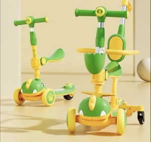 Trotineta 6 in 1 cu sunete, roti luminoase, maner, bare protectie, 2-12 ani, Dino, verde - Img 5