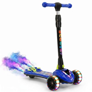 Trotineta reglabila cu 3 roti, lumini, muzica si lansator de abur tip fum, 3-10 ani, albastru