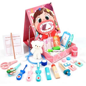 Trusa doctorului dentist, joc magnetic din lemn, roz