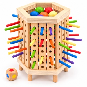 Turn hexagonal din lemn cu bile si joc de echilibru cu inel, 36 de betisoare si 6 bile colorate