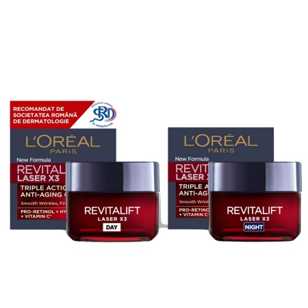 Pachet Crema antirid de zi, 50 ml + Crema antirid de noapte, 50 ml Revitalift Laser X3, Loreal
