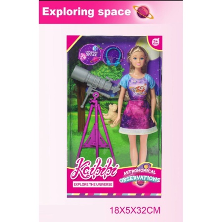 Papusa exploratoare a spatiului cu telescop si catelus – set de joaca Exploring Space
