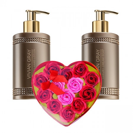 Set cadou Cupid's Casket, cutie cu trandafiri de sapun, Vivian Gray Brown Crystals, Unisex, Sapun lichid, 250 ml si Crema de maini, 250 ml,