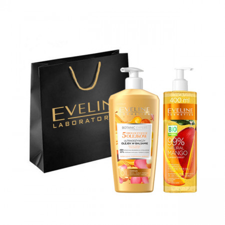 Set Eveline Cosmetics Lotiune de corp Botanic Expert 5 Precious Oils, Gel pentru fata si corp BioOrganic Mango