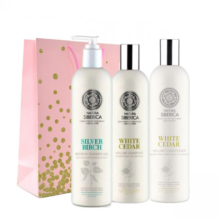 Set Natura Siberica Sampon volum cu Cedru Alb 400ml + Balsam reparator cu extract de Cedru Alb 400ml +Balsam reparator pentru par gras cu Fructe de Padure 400ml