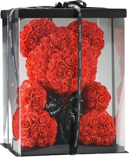Ursulet floral rosu din trandafiri 40 cm, decorat manual, in cutie cadou