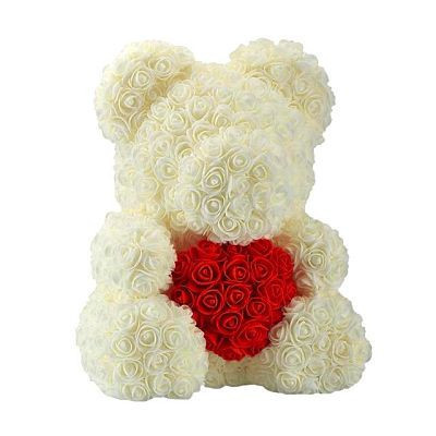 Ursulet trandafiri de spuma cu inima, in cutie cadou cu funda, 40 cm