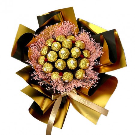 Buchet cadou Delice, cu 19 praline Ferrero și broom natural criogenat