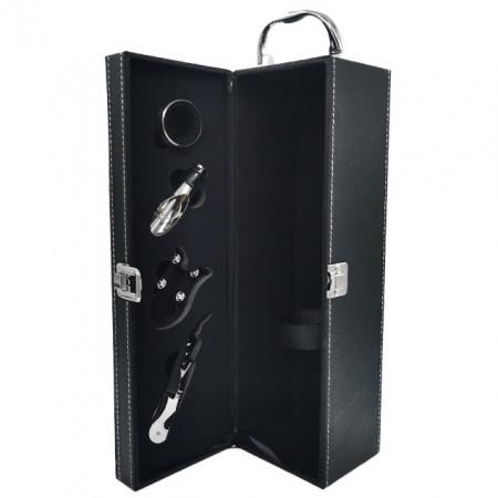 Caseta eleganta din piele ecologica pentru o sticla, cu maner si set 4 accesorii pentru vin, negru