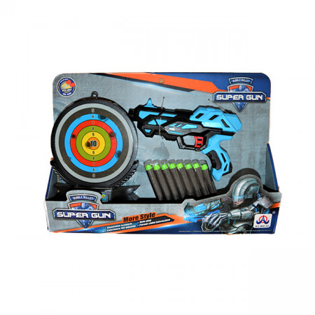 Pistol jucarie Super Gun cu tinta si 8 gloante de spuma, 20 cm