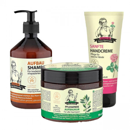 Set Oma Gertrude Sampon reparator pentru par uscat 500ml + Masca reparatoare nutritiva pt. par uscat 300ml + Crema reparatoare de maini 75ml BIO