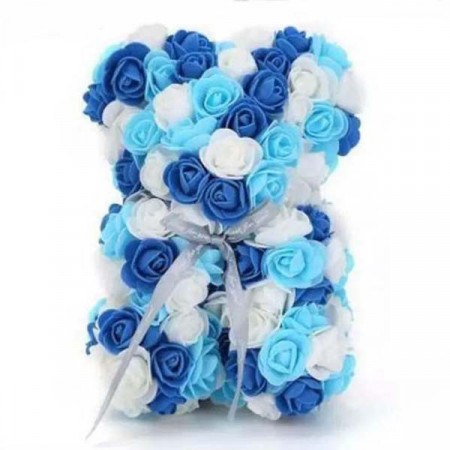 Ursulet Floral Triple color din Trandafiri spuma in cutie cadou, 25 cm, alb-albastru