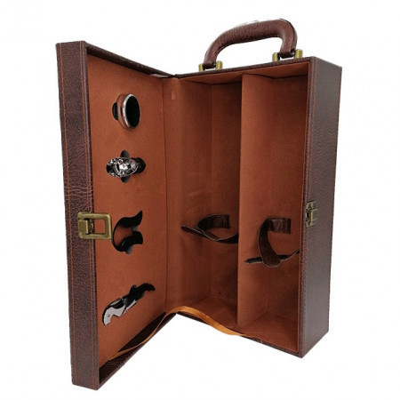 Caseta eleganta din piele ecologica cu imprimeu pentru doua sticle, cu maner si set 4 accesorii pentru vin