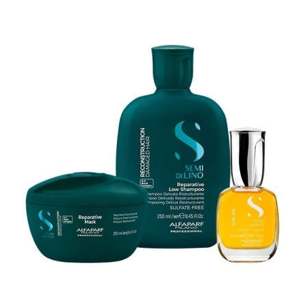 Pachet Alfaparf Semi di Lino Reconstruction cu Sampon 250 ml + Masca 200 ml + Ulei Cristalli Liquidi 15 ml