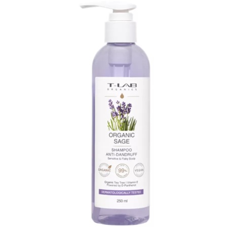 Sampon anti-matreata natural pentru scalp sensibil, cu extract de salvie T-LAB Organics, 250 ml