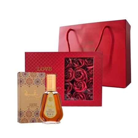 Set cadou GlamPack, Apa de Parfum, Lattafa Raghba, Femei, 50 ml si Cutie cu trandafiri