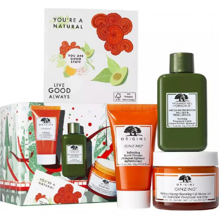 Set pentru ingrijirea tenului Origins, Glow and Believe, Scrub facial racoritor Ginzing, 30 ml + Lotiune tratament Mega Mushroom, 50 ml + Gel facial hidratant si energizant Ginzing, 50 ml