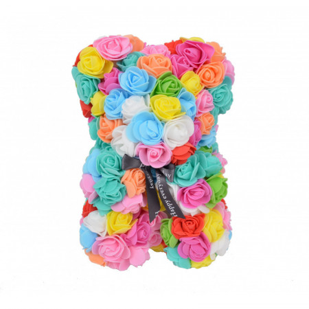 Ursulet floral multicolor din Trandafiri 25 cm, decorat manual, cutie cadou, albastru-roz-galben