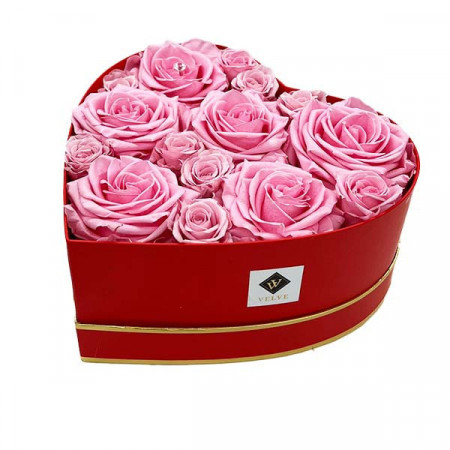 Aranjament floral Glame in forma de inima, cu 15 trandafiri criogenati, roz