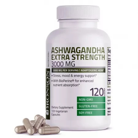 Ashwagandha 3000 mg cu Bioperina fara OMG-uri gluten si soia 120 cpasule Bronson Laboratories