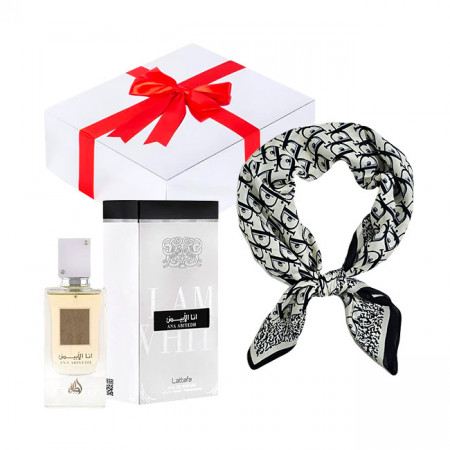 Set cadou Essence&Shawl: parfum Lattafa + esarfa satinata + cutie cadou cu funda