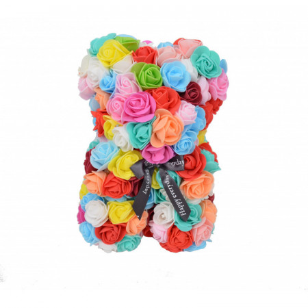Ursulet floral multicolor din Trandafiri 25 cm, decorat manual, cutie cadou, rosu-roz-galben