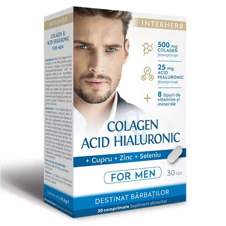 Colagen si acid hialuronic cu vitamine si minerale pentru barbati, 500 mg, 30 comprimate, Interherb