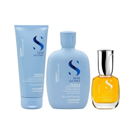 Set Alfaparf Semi di Lino Density Thickening, Sampon 250 ml + Balsam 200 ml + Ulei iluminator Cristalli Liquidi 15 ml