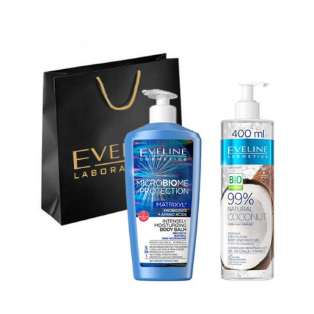 Set Eveline Cosmetics Lotiune de corp Microbioame Protection Matrixyl, Gel pentru fata si corp BioOrganic Coconut