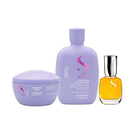 Set pentru netezire Alfaparf Milano Semi Di Lino Smoothing Sampon 250 ml + Masca, 200 ml + Ulei Cristalli Liquidi 15 ml