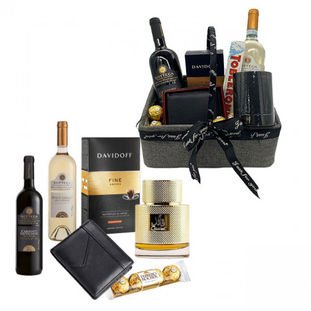 Cos cadou pentru barbati, Parfum Lattafa Qaaed 100 ml, 2 x vin Bottega 750 ml, portofel din piele, cafea Davidoff, ciocolata Toblerone si praline Ferrero Rocher + Whisky Chivas revag 700ml