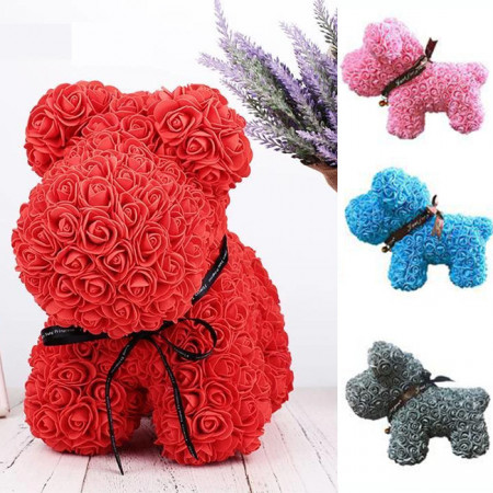 Rose Puppy - Catelus floral 40 cm decorat manual cu trandafiri spuma in cutie