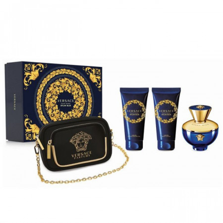 Set cadou Versace Dylan Blue, Femei, 100 ml Apa de Parfum, 100 ml Gel de Dus, 100 ml Lotiune de Corp, geanta