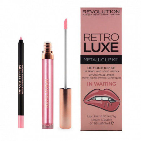 Set Makeup Revolution: Ruj lichid Retro Luxe, Metallic, In Waiting, 5,5 ml + Creion de buze Retro Luxe, In Waiting, 1 g