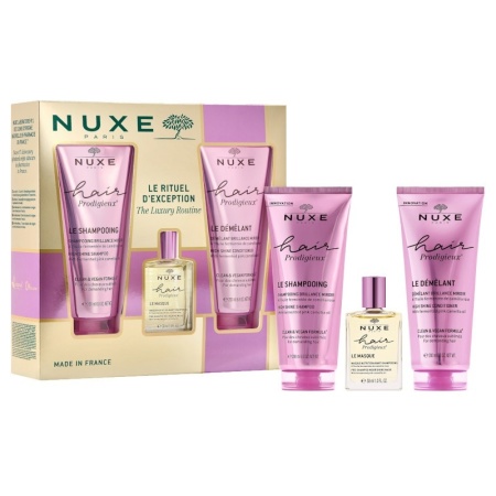 Set Nuxe Prodigieux pentru stralucirea si hranirea parului – Sampon 200 ml, Balsam 200 ml, Tratament cu ulei 30 ml