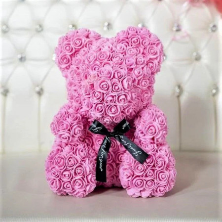 Ursulet floral roz din trandafiri 40 cm, decorat manual, in cutie cadou