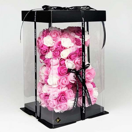 Ursulet Floral Triple color din Trandafiri spuma in cutie cadou, 25 cm, alb-roz