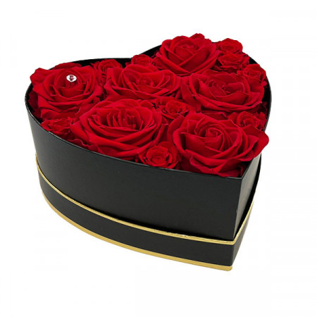 Aranjament floral Glame in forma de inima, cu 15 trandafiri criogenati, rosu