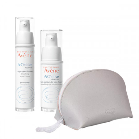 Pachet Avene Crema de zi hidratanta cu efect de netezire A-Oxitive 30ml, Crema pentru zona ochilor cu efect de netezire A-Oxitive 15ml + Cadou portfard
