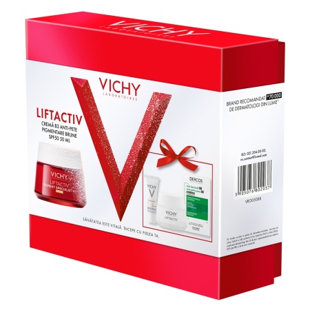 Pachet Crema cu SPF 50 Liftactiv Pigment Specialist B3, 50 ml + Crema de noapte Liftactiv Pigment Specialist B3, 15 ml + Fluid cu SPF 50+ Capital Soleil, 3 ml + Sampon anti-matreata Dercos, 6 ml, Vichy